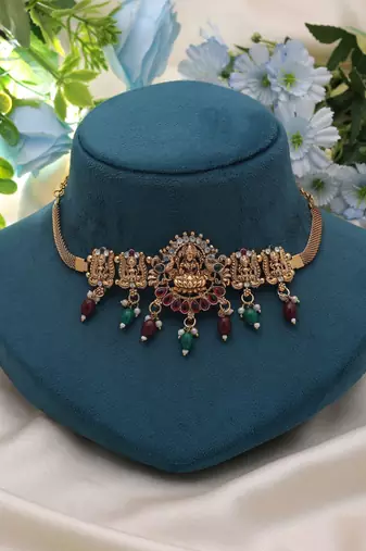 Maroon & green color choker temple necklace