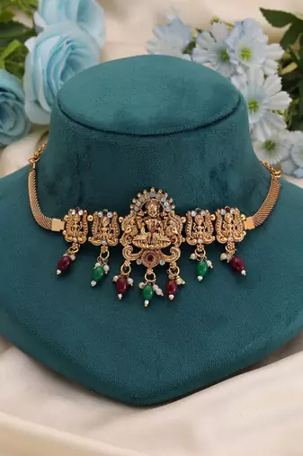 Maroon & green color choker temple necklace