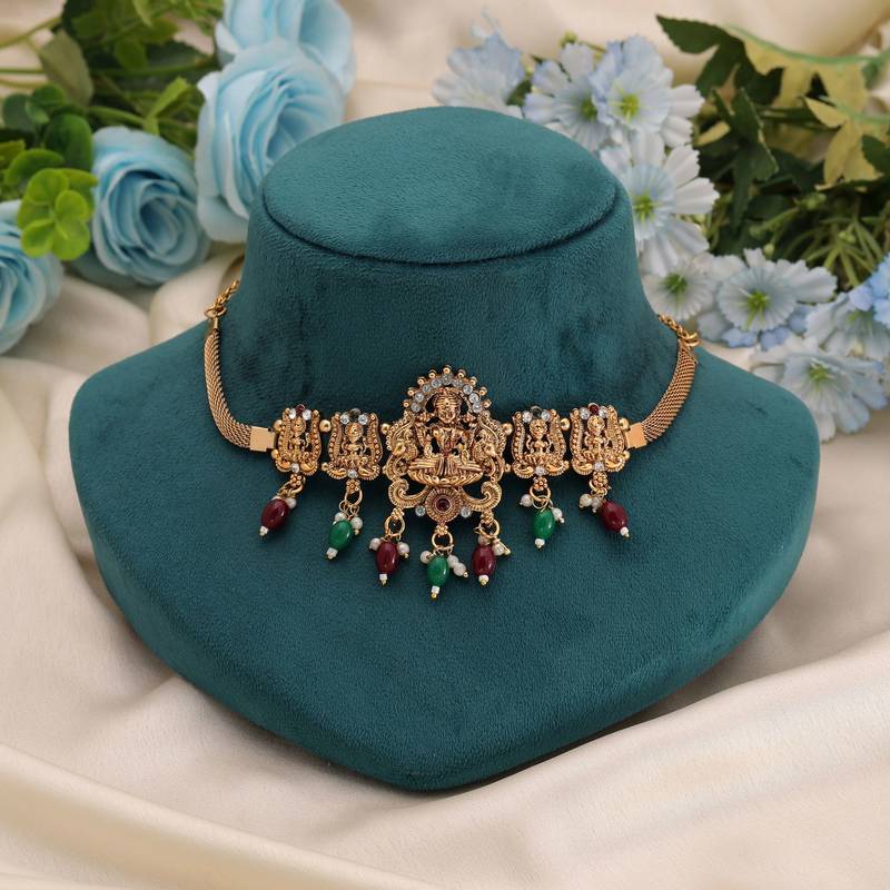 Maroon & green color choker temple necklace