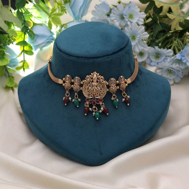 Maroon & green color choker temple necklace