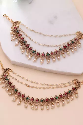 Rani & green color matte gold earrings chain