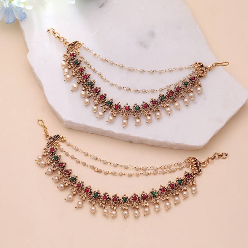 Rani & green color matte gold earrings chain