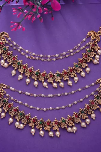 Rani & green color matte gold earrings chain