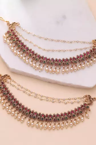 Rani & green color matte gold earrings chain