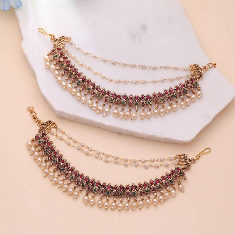 Rani & green color matte gold earrings chain