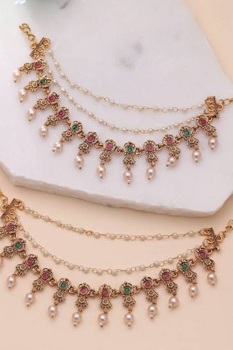 Rani & green color matte gold earrings chain
