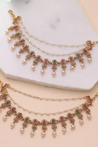 Rani & green color matte gold earrings chain