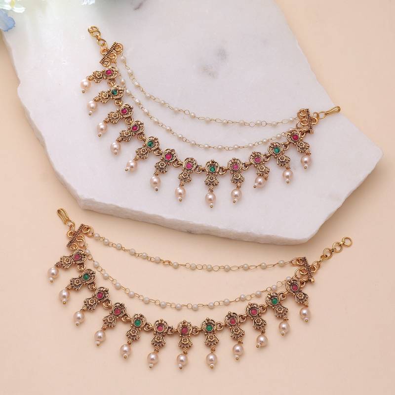 Rani & green color matte gold earrings chain