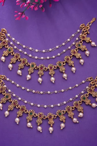 Rani & green color matte gold earrings chain
