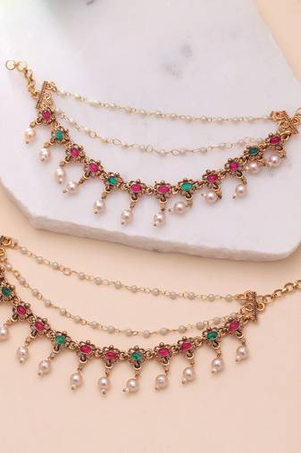 Rani & green color matte gold earrings chain