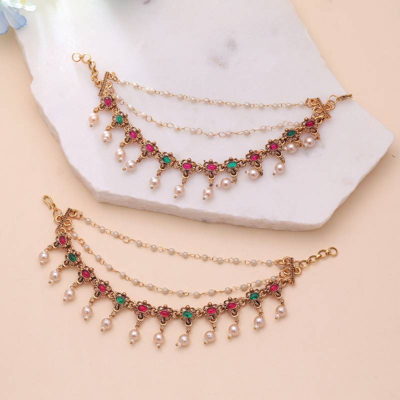Rani & green color matte gold earrings chain