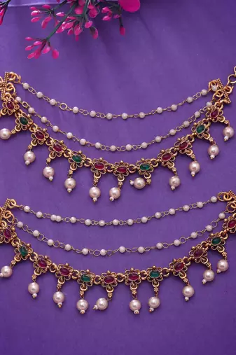 Rani & green color matte gold earrings chain