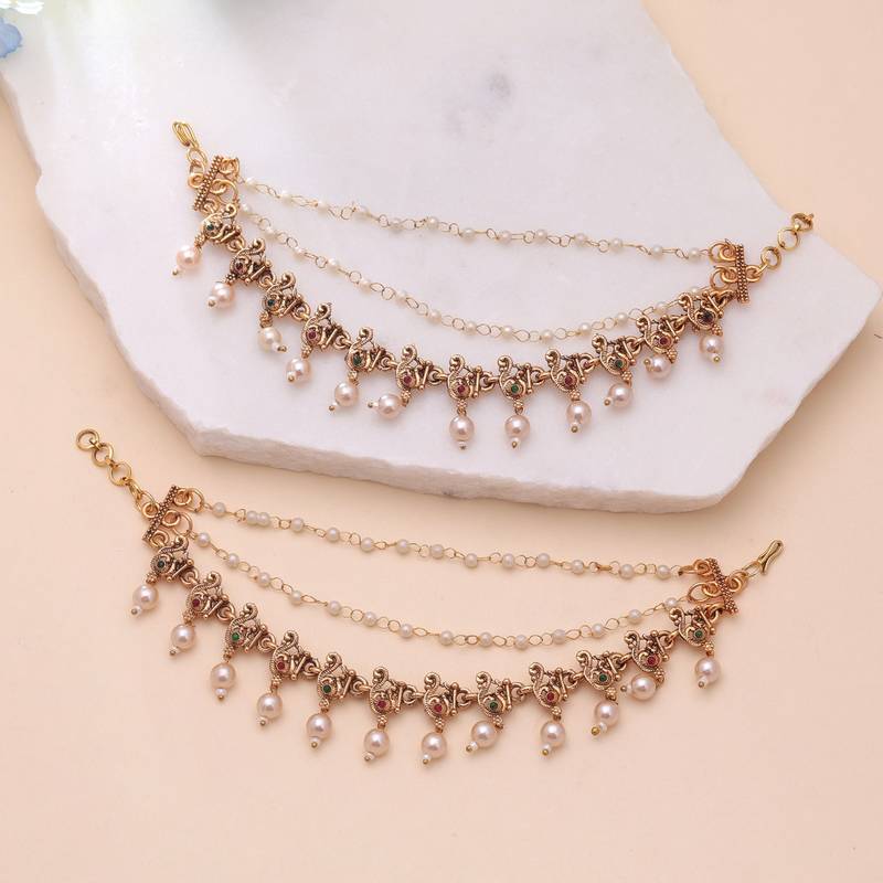 Rani & green color matte gold earrings chain
