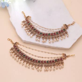 Rani & green color matte gold earrings chain 1