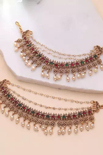 Rani & green color matte gold earrings chain