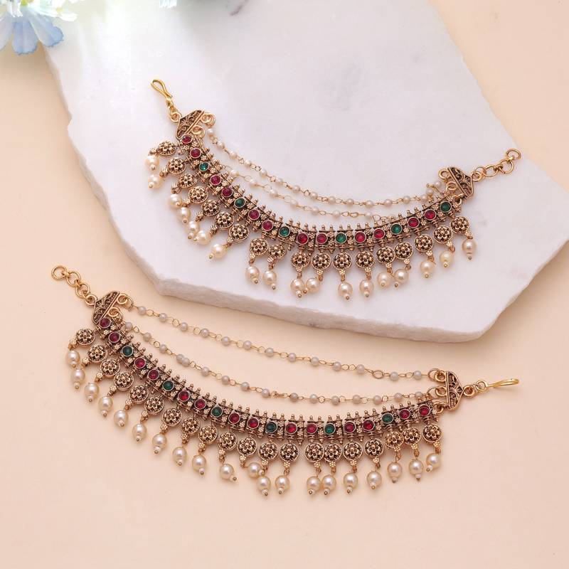 Rani & green color matte gold earrings chain