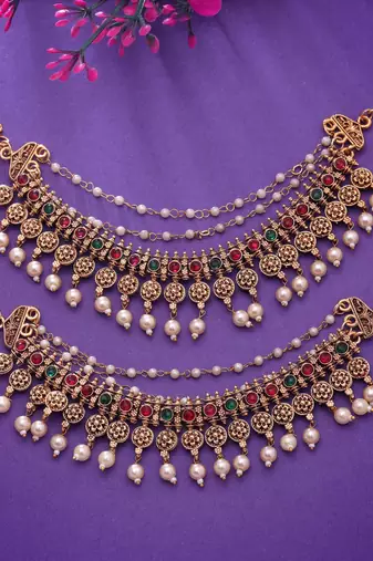 Rani & green color matte gold earrings chain