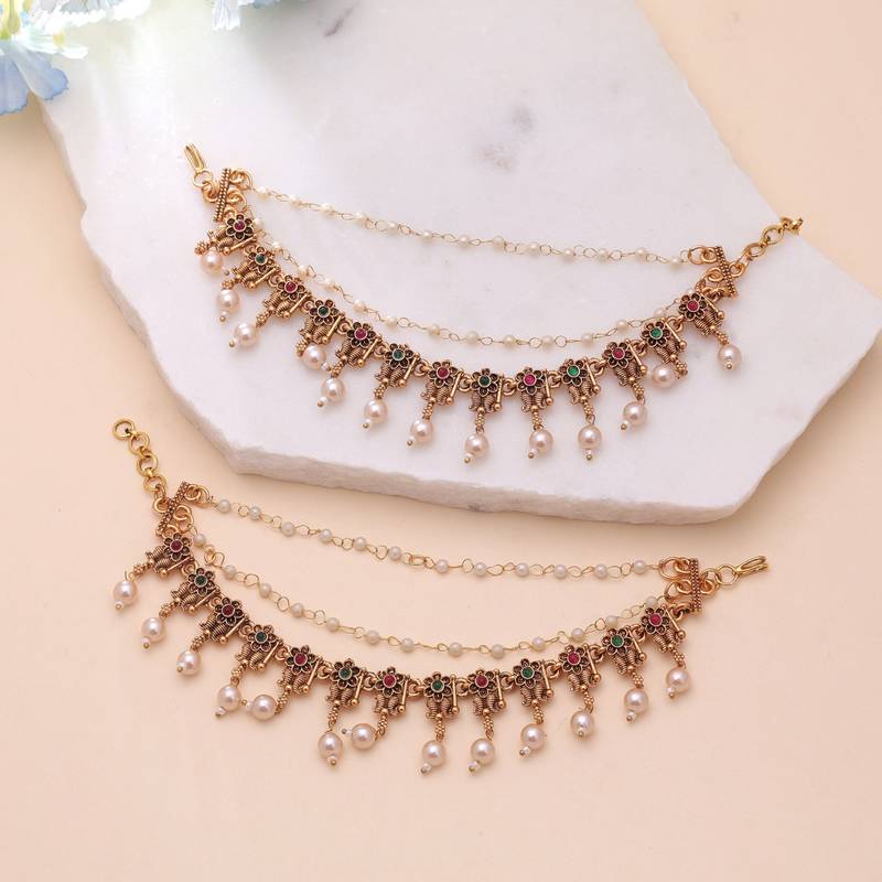 Rani & green color matte gold earrings chain