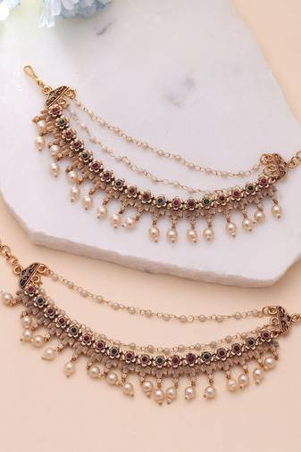 Rani & green color matte gold earrings chain