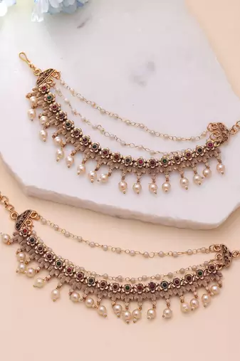 Rani & green color matte gold earrings chain