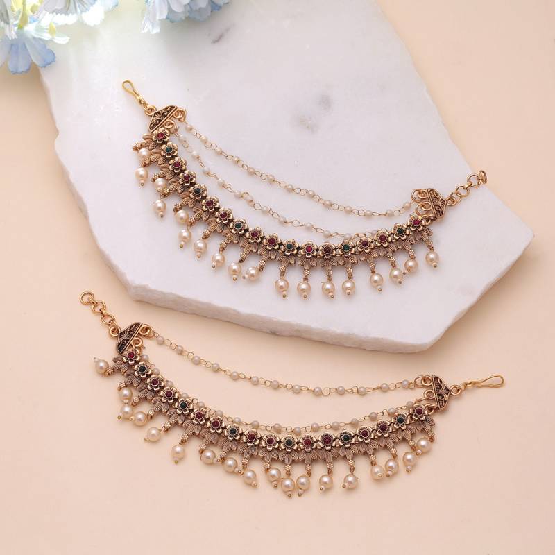 Rani & green color matte gold earrings chain