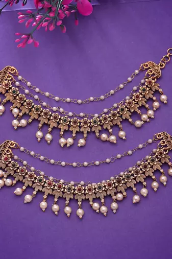 Rani & green color matte gold earrings chain