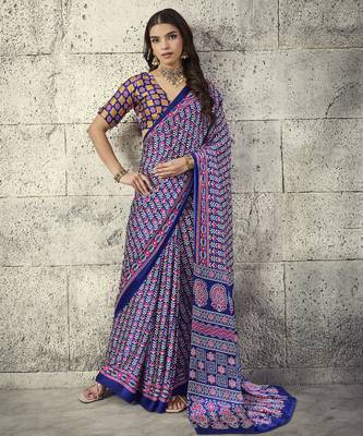Blue modal satin ajrakh print saree 1