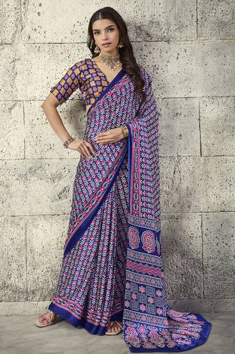 Blue modal satin ajrakh print saree