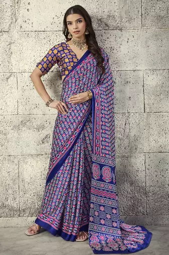 Blue modal satin ajrakh print saree