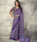 Blue modal satin ajrakh print saree