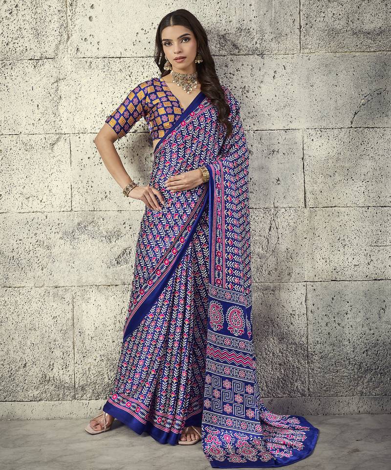 Blue modal satin ajrakh print saree