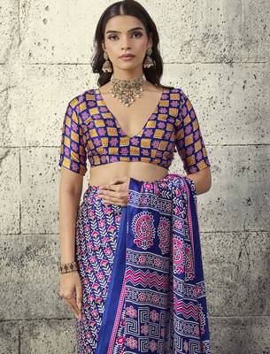 Blue modal satin ajrakh print saree 3