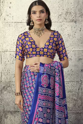 Blue modal satin ajrakh print saree
