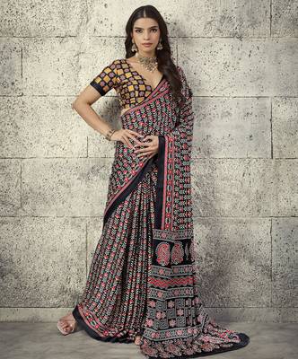 Black modal satin ajrakh print saree 1