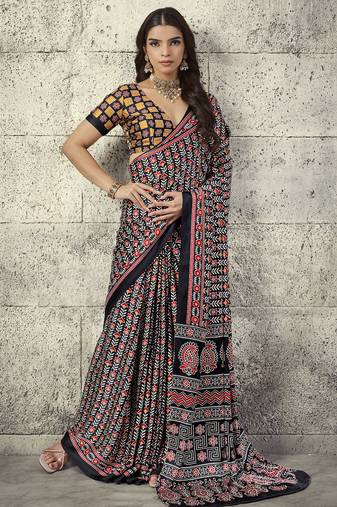 Black modal satin ajrakh print saree