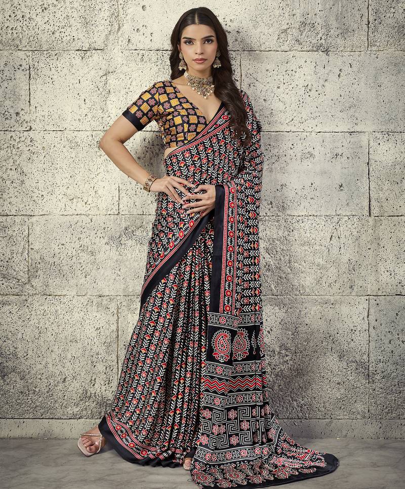Black modal satin ajrakh print saree