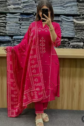 Women's Cotton Bandhani Printed Kurta Pant Dupatta Set