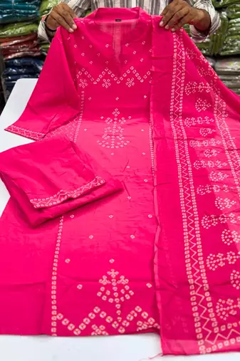 Women's Cotton Bandhani Printed Kurta Pant Dupatta Set