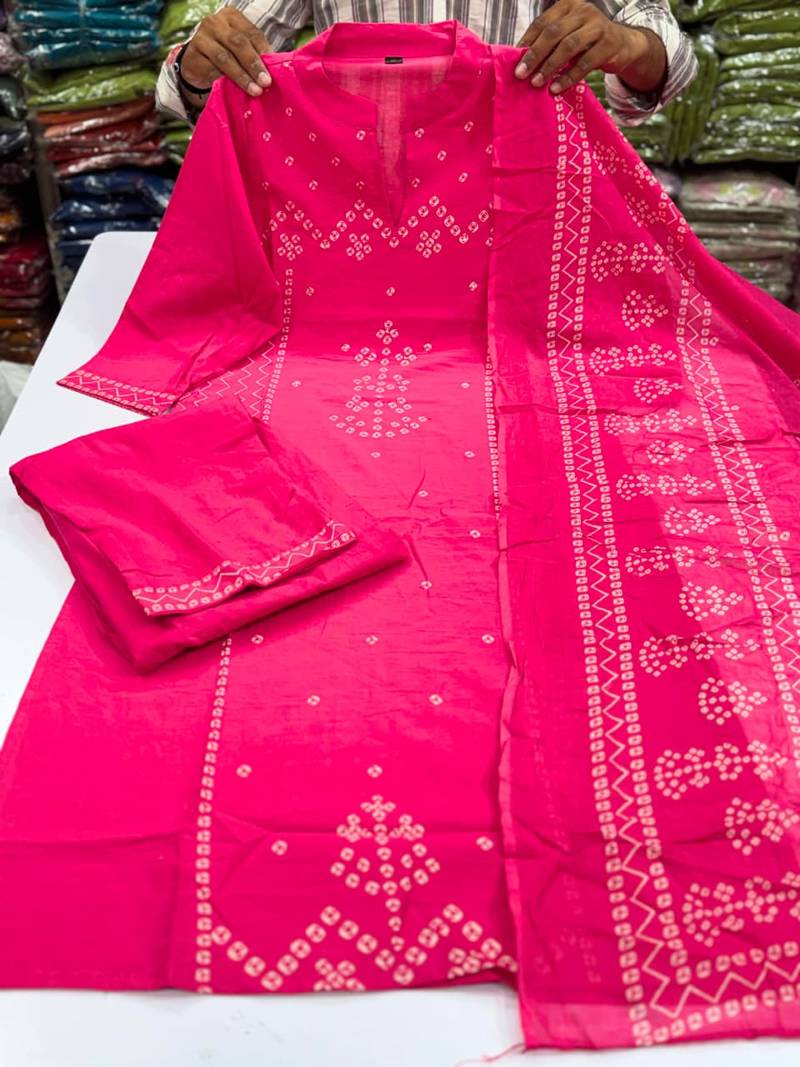Women's Cotton Bandhani Printed Kurta Pant Dupatta Set