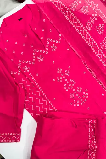 Women's Cotton Bandhani Printed Kurta Pant Dupatta Set
