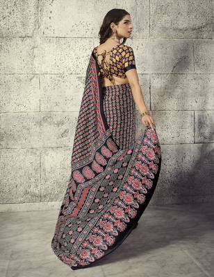 Black modal satin ajrakh print saree 2