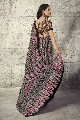 Black modal satin ajrakh print saree