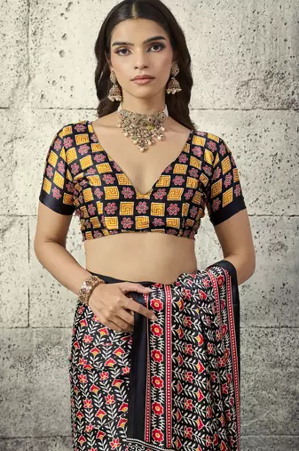Black modal satin ajrakh print saree