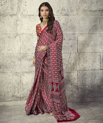 Red modal satin ajrakh print saree 1