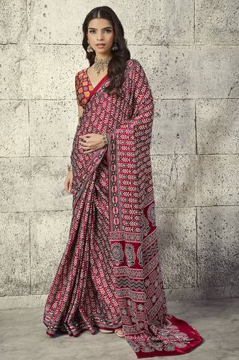 Red modal satin ajrakh print saree