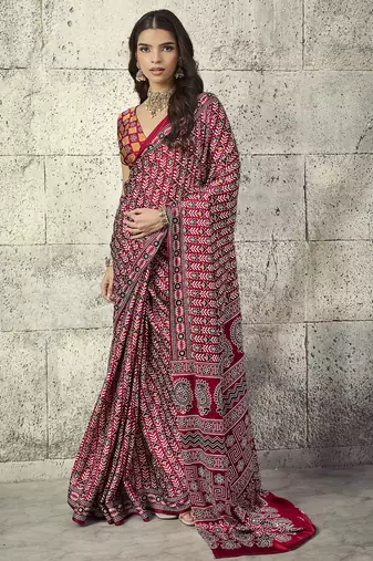 Red modal satin ajrakh print saree