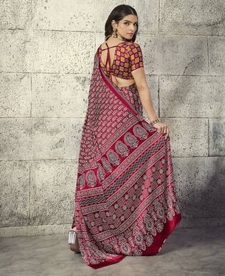 Red modal satin ajrakh print saree 2