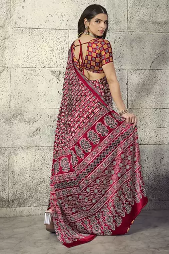 Red modal satin ajrakh print saree