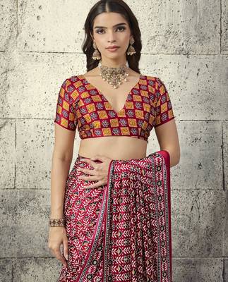 Red modal satin ajrakh print saree 3
