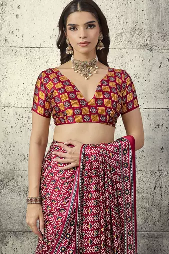 Red modal satin ajrakh print saree